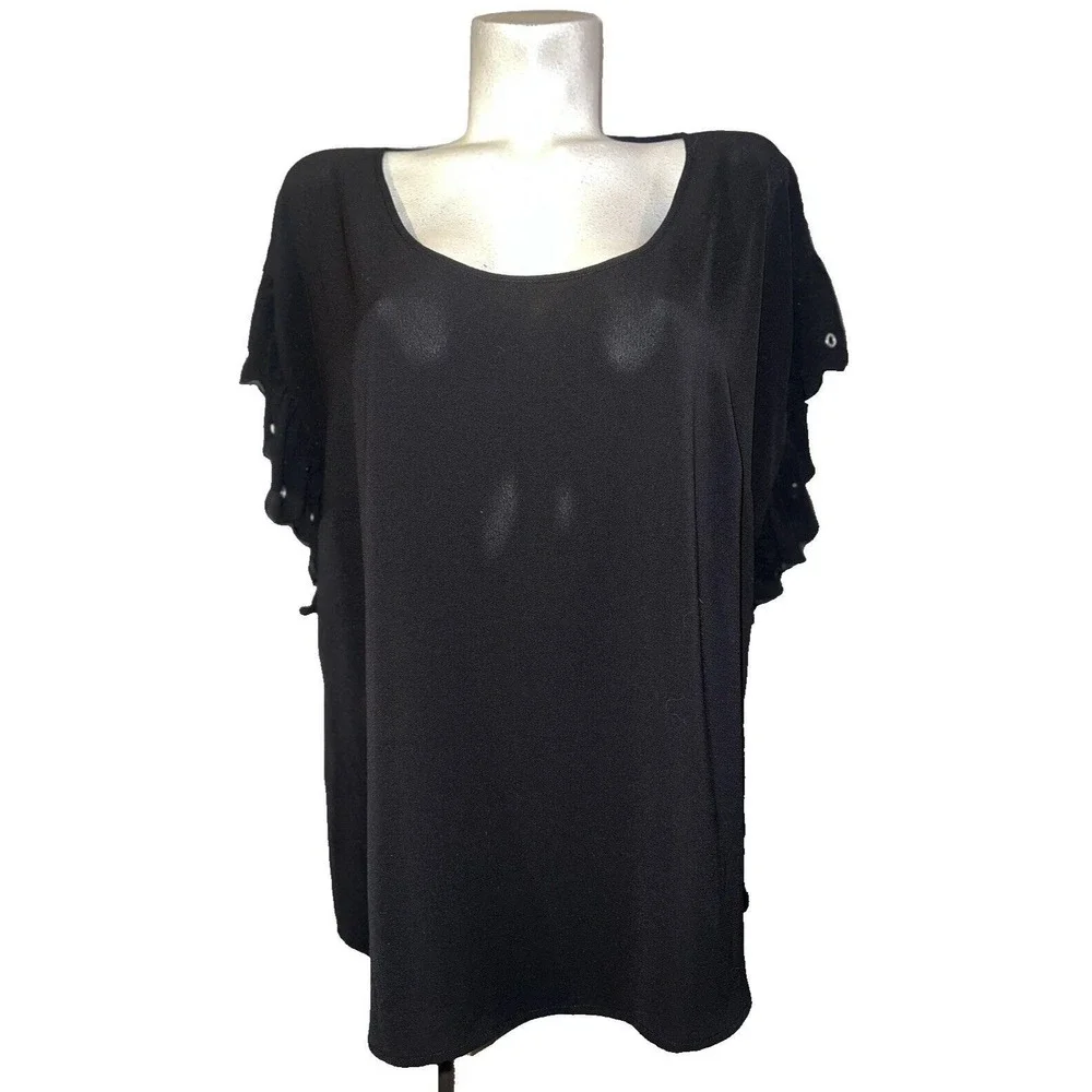Michael Kors Black Ruffle Grommet Sleeve Blouse Scoop Neck Plus Size 1X NEW